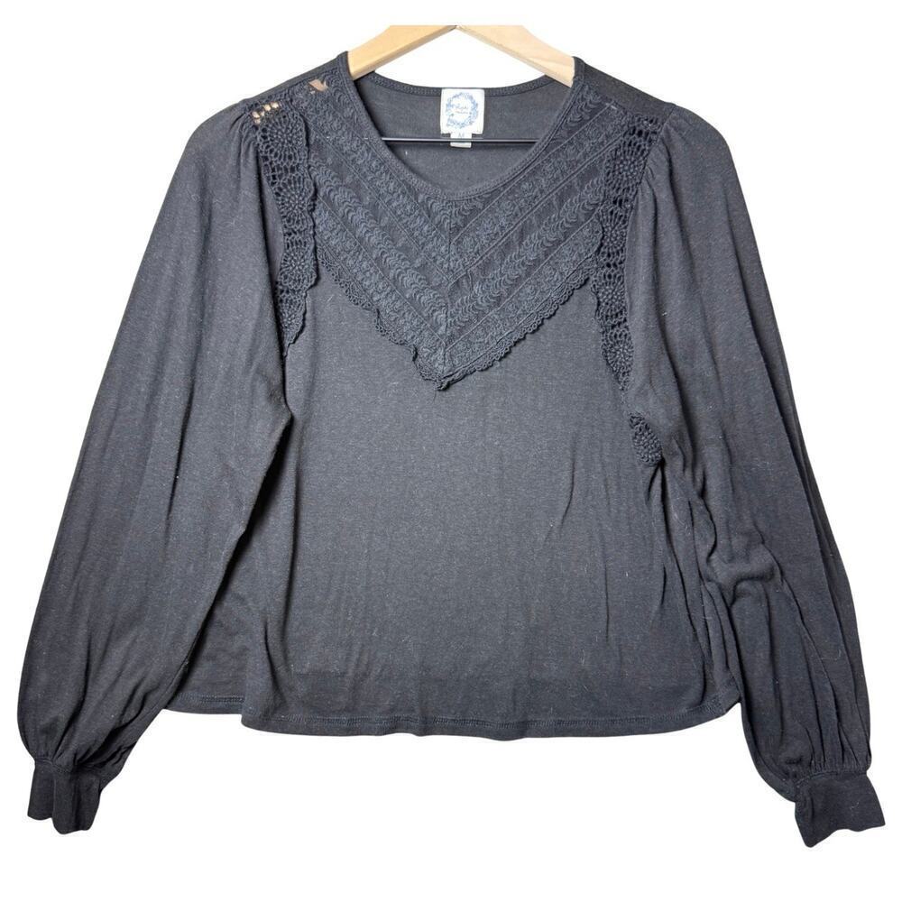 Blue Rain‎ Long Sleeve V-neck Blouse Lace Detail Cotton Blend Womens Size M